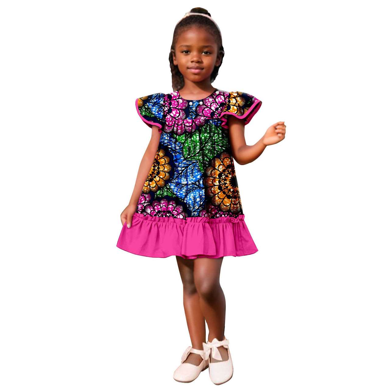 Girls Ankara Print A-line Dresses Ruffle Puff Sleeve Dress KID078