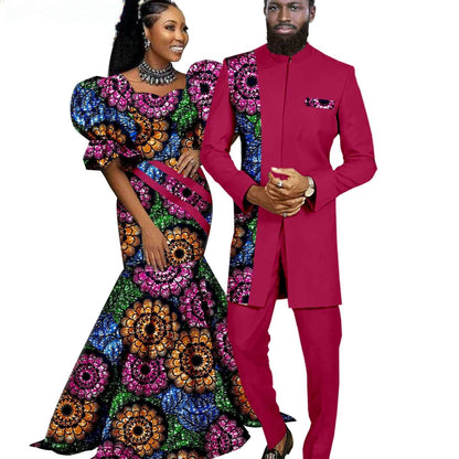 African Couple Clothes women Print Dresses Wedding Men Suits CC027-3