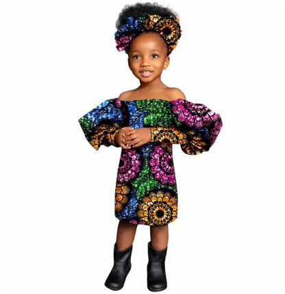 Girls African Clothes Print Knee-length Dresses Outfits