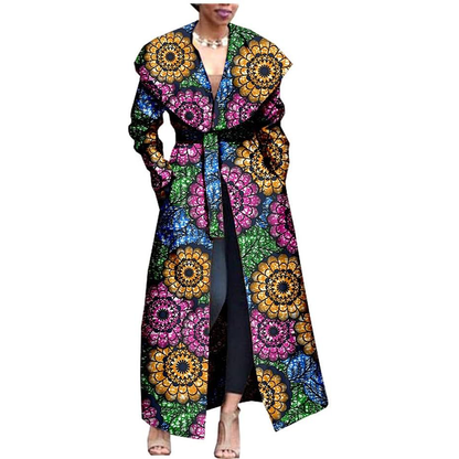 African Print Coat Ankara Long Sleeve Jacket Maxi Coat with Belt