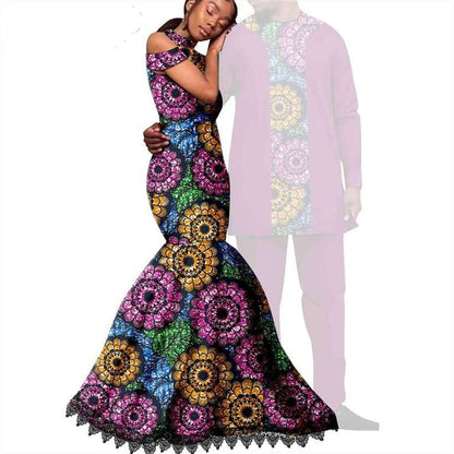 Ankara Print Lace Long Mermaid Dresses Match Men Outfits CC076-2