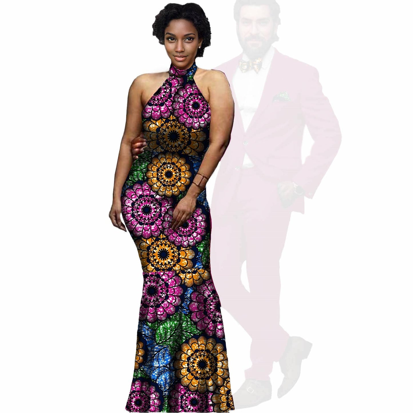 African Print Long Dresses Match Men Jackets and Pants Sets CC079-2