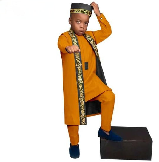 Kids African Clothes Outfits Tee Pants Long Vest Cap Hat