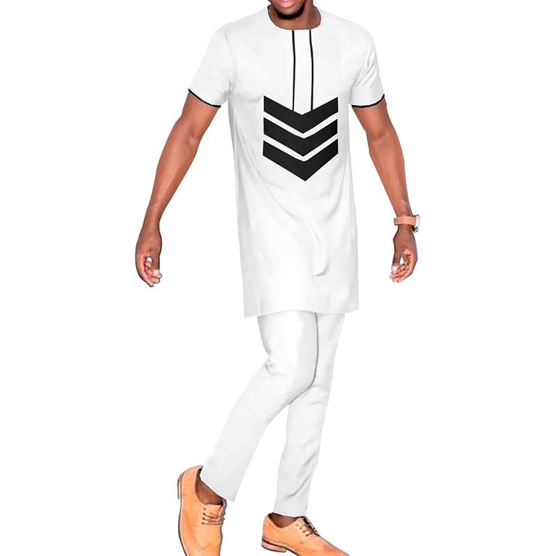 Men African Clothes Shorts Sleeve Tops and Pants Set Casual Outfits