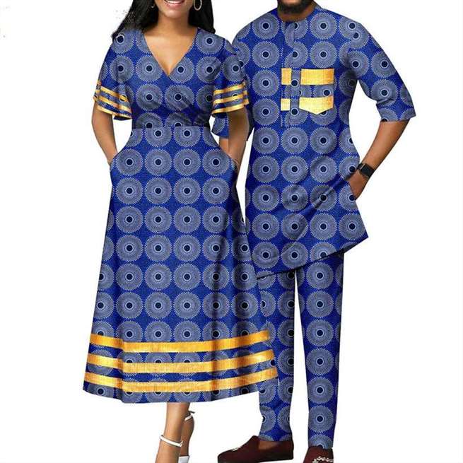 African Dresses Women Print V-neck Match Men Sets Lover CC007-1