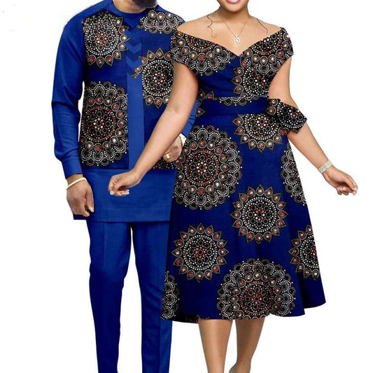 Couple Clothes African Print A-line Women Dresses Men Sets CC018-3