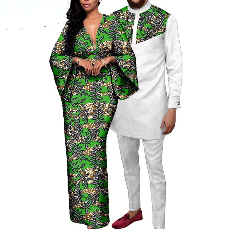 African Couple Print Deep V neck Long Women Dresses Men Sets CC002-1