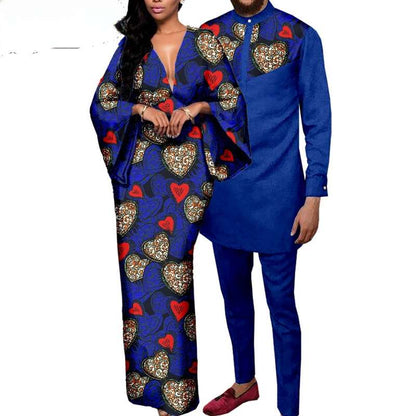 African Couple Print Deep V neck Long Women Dresses Men Sets CC002-1