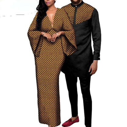 African Couple Print Deep V neck Long Women Dresses Men Sets CC002-1