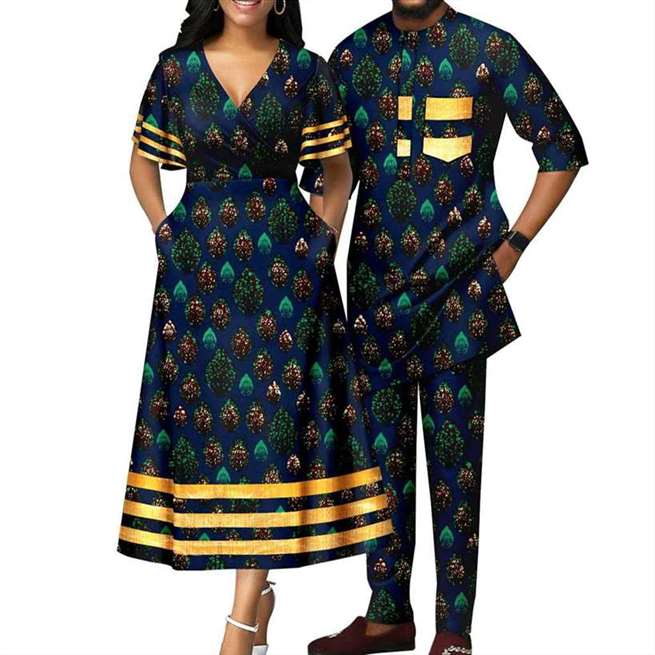 African Dresses Women Print V-neck Match Men Sets Lover CC007-1