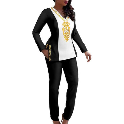 African Tracksuit Women Long Sleeve V-neck Shirt Set FMS012