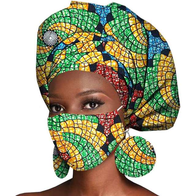 African Ankara Wax Fabric Head Turban Mask Match Print HD112