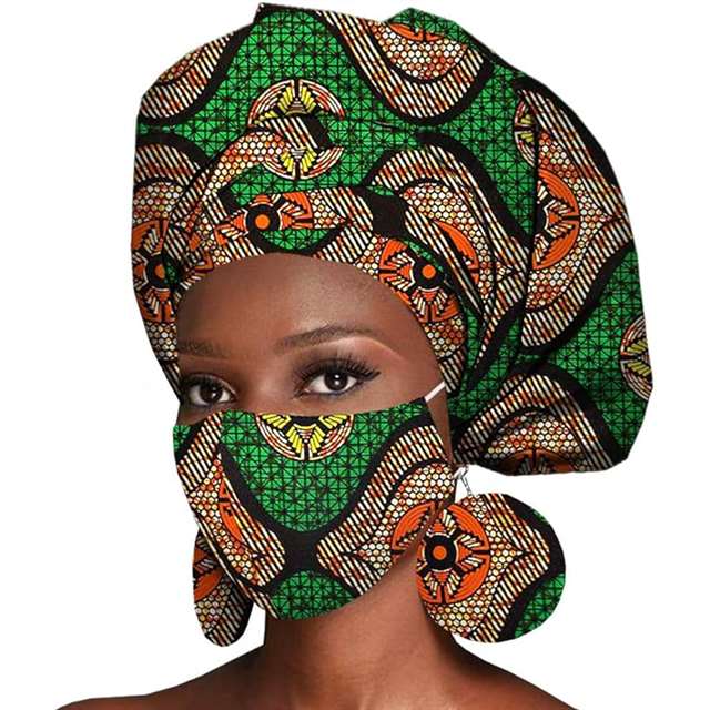 African Ankara Wax Fabric Head Turban Mask Match Print HD112