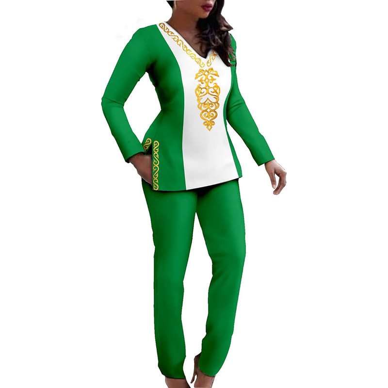 African Tracksuit Women Long Sleeve V-neck Shirt Set FMS012