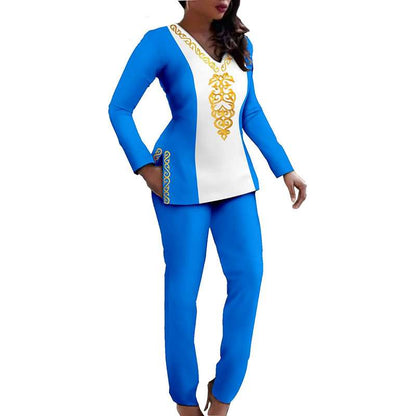 African Tracksuit for Women Long Sleeve V-neck Shirt Set