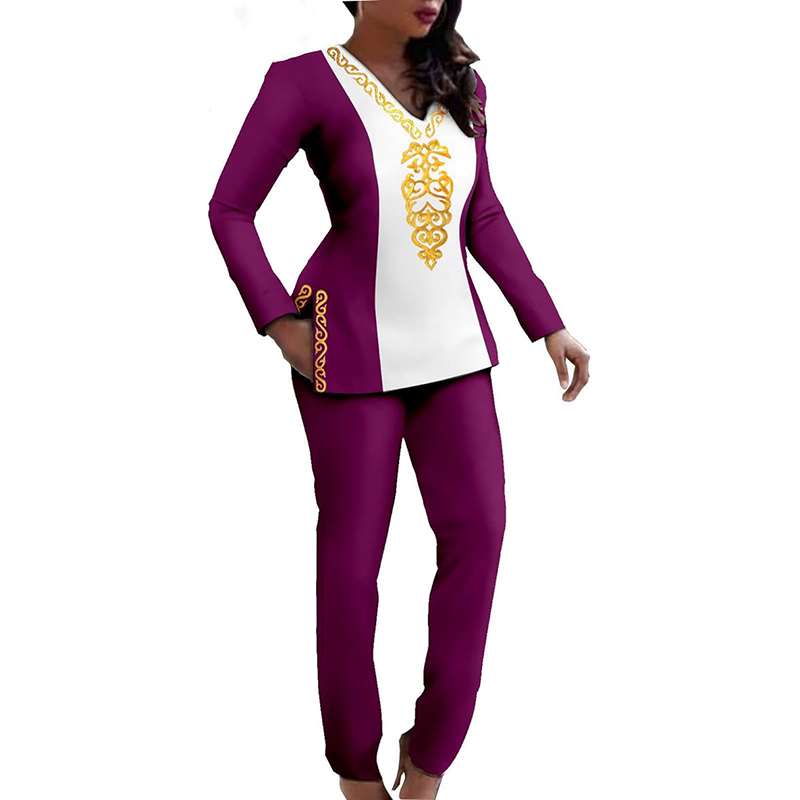 African Tracksuit for Women Long Sleeve V-neck Shirt Set