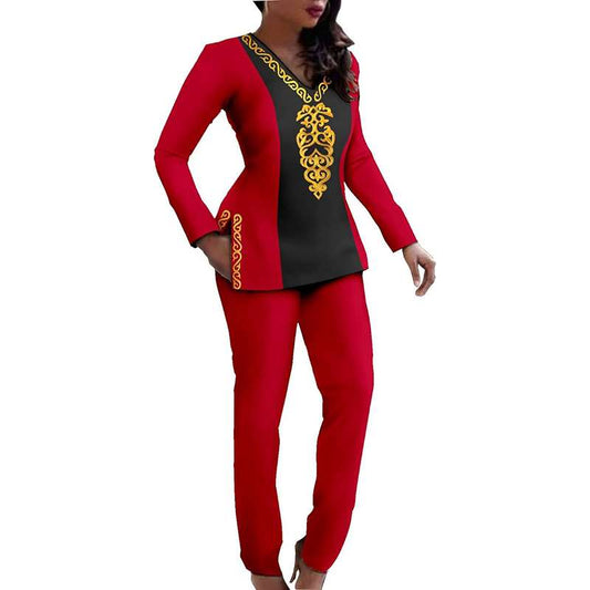 African Tracksuit for Women Long Sleeve V-neck Shirt Set