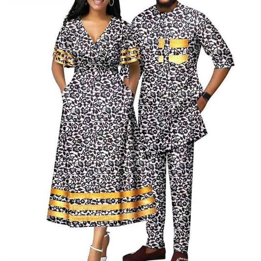 African Dresses Women Print V-neck Match Men Sets Lover CC007-1