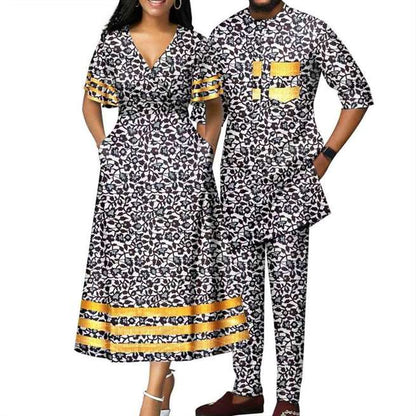 African Dresses Women Print V-neck Match Men Sets Lover CC007-2