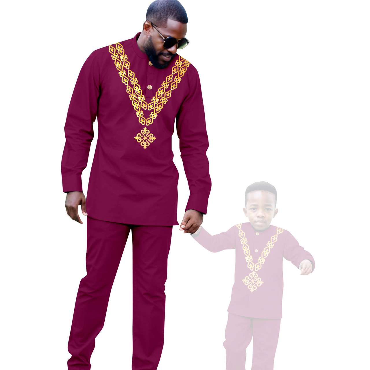 African Clothes Father and Son Appliques Sets Outfits FM029-1