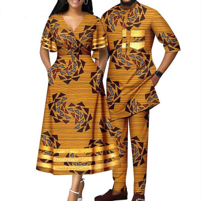 African Dresses Women Print V-neck Match Men Sets Lover CC007-1