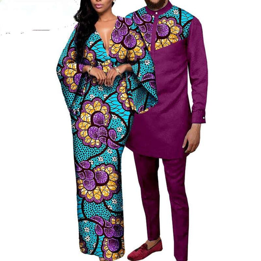 African Couple Print Deep V neck Long Women Dresses Men Sets CC002-1