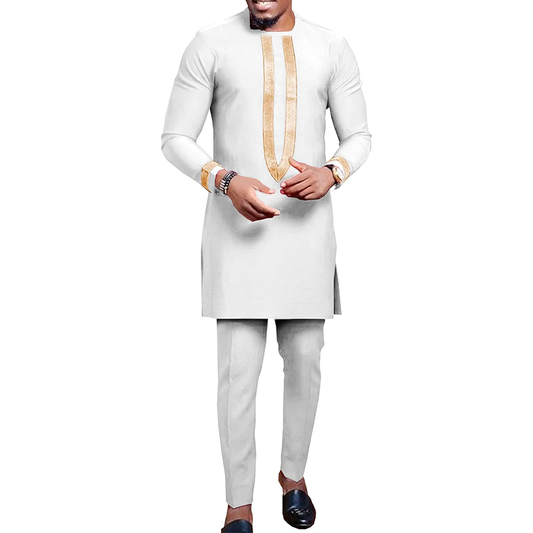 Men African Clothes Full Sleeve Embroidery Shirts and Pants sets