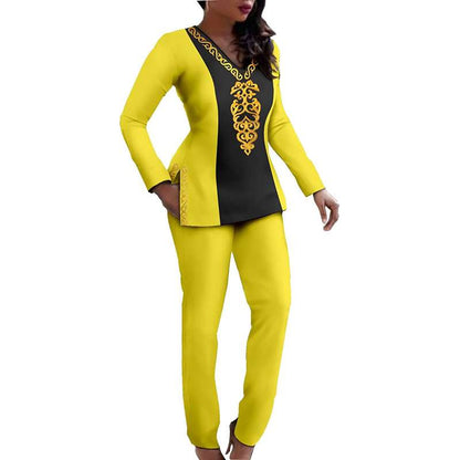 African Tracksuit for Women Long Sleeve V-neck Shirt Set