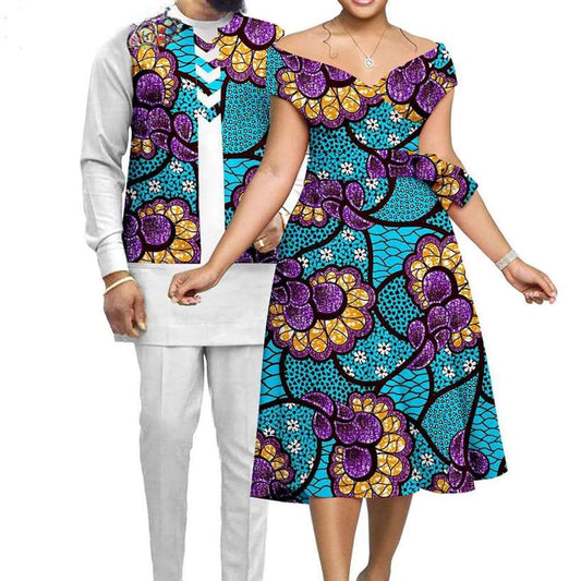 Couple Clothes African Print A-line Women Dresses Men Sets CC018-1